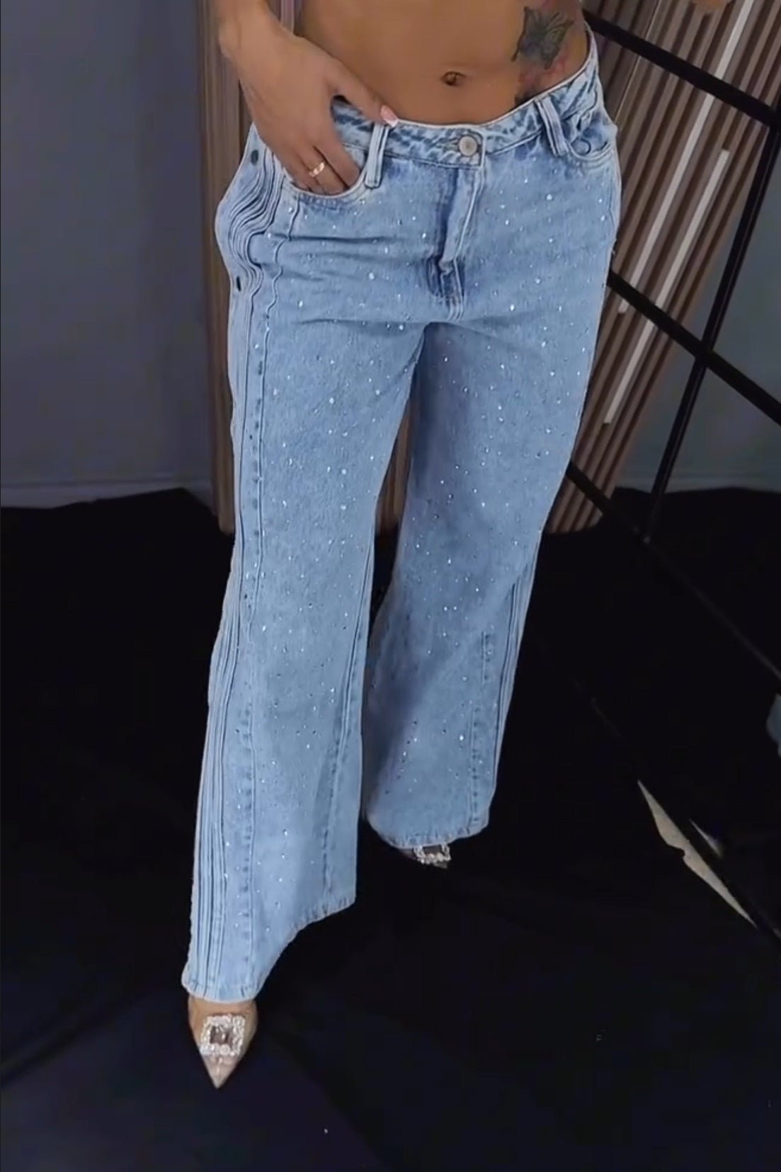 Jean Femme Scintillant Fendu Clouté | SPARKLYSLIT™