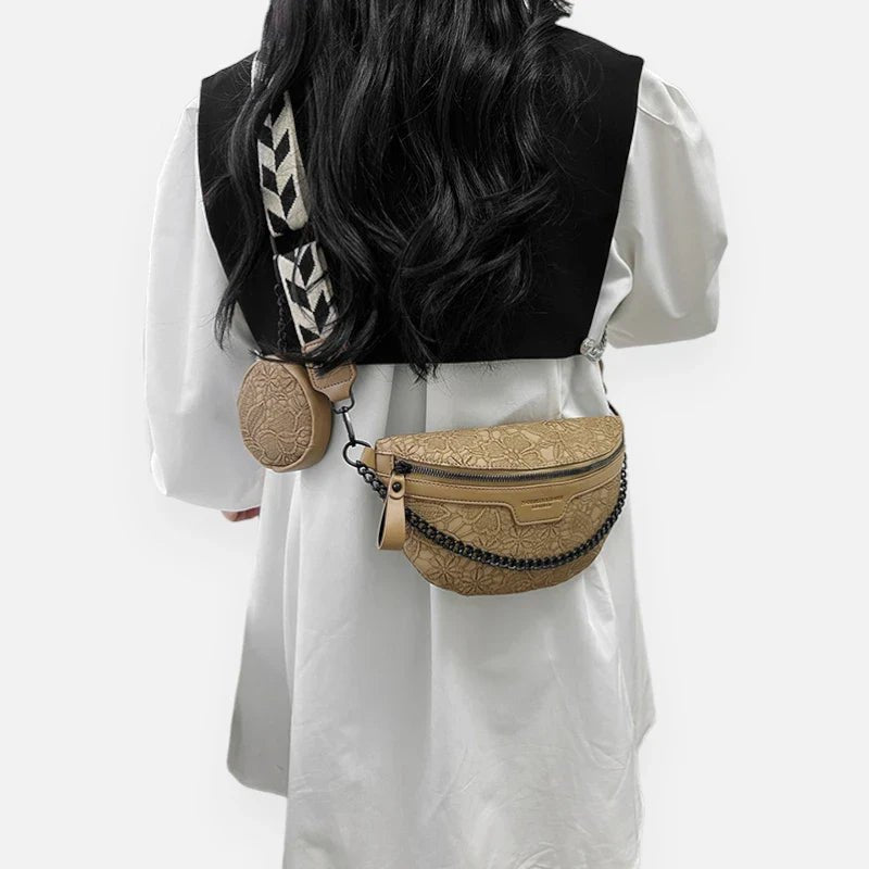 Sac Banane en Cuir Motif Floral avec Bandoulière et Porte-Monnaie | LUCY