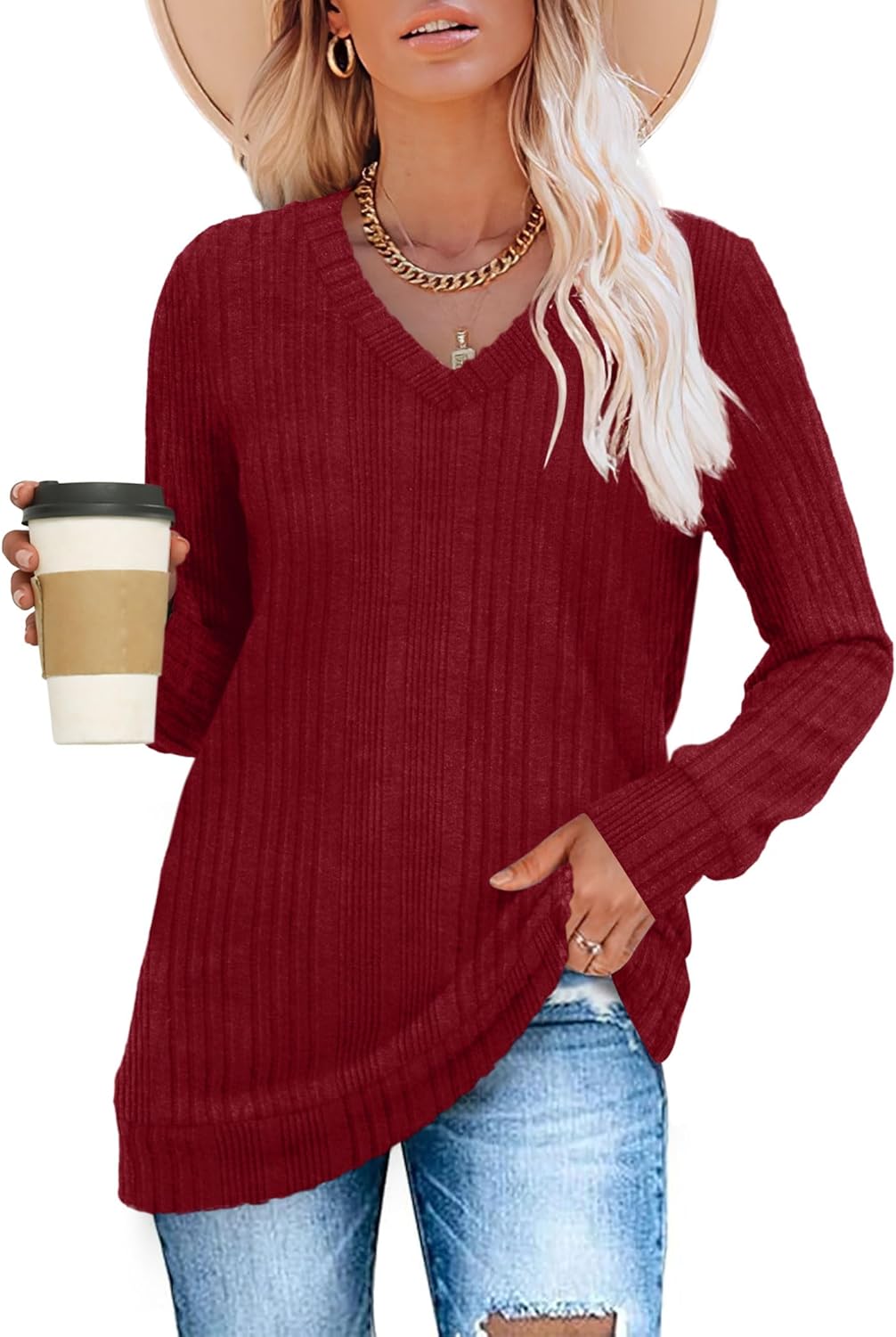 Pull Col V Côtelé Femme | COSYKNIT™