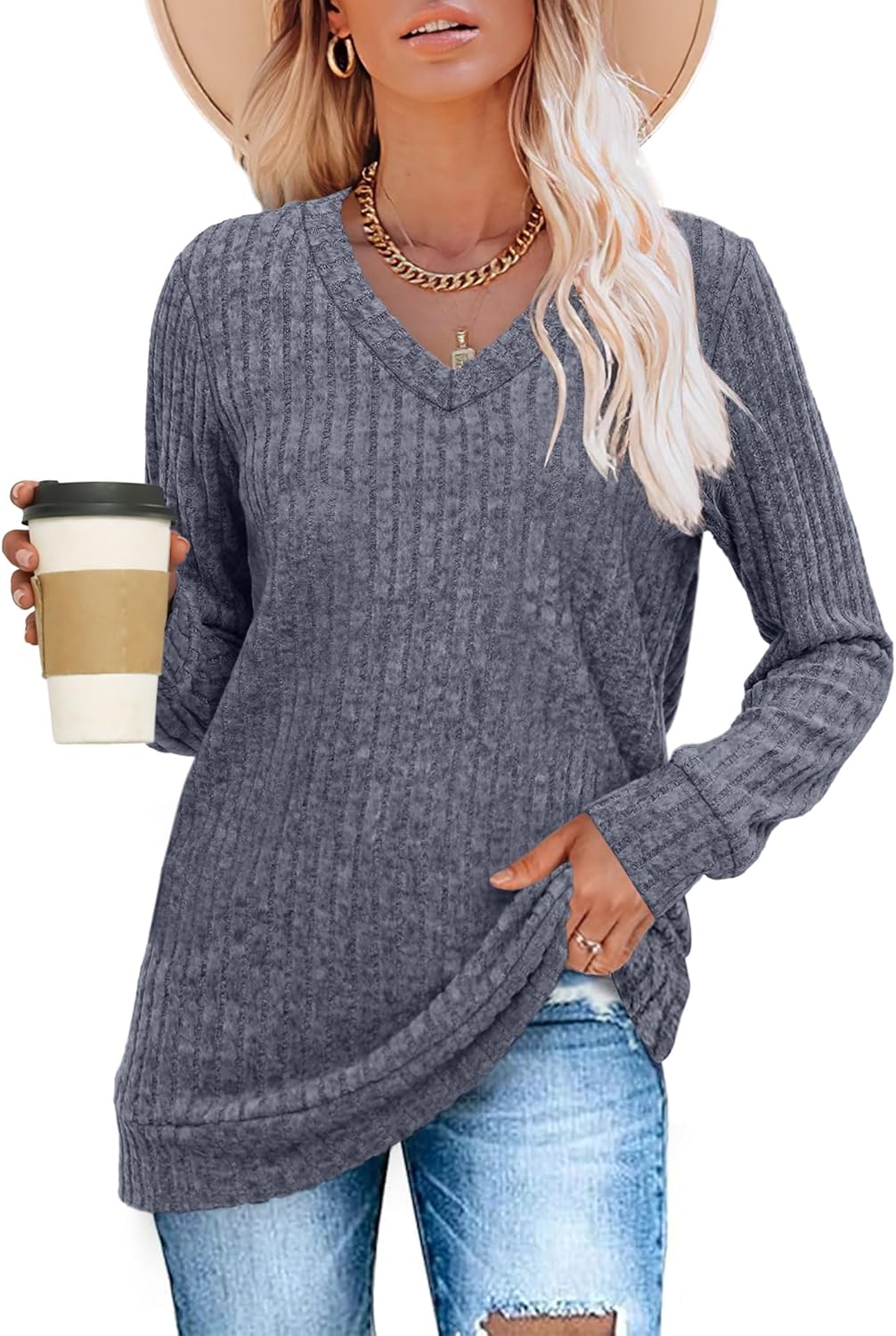 Pull Col V Côtelé Femme | COSYKNIT™