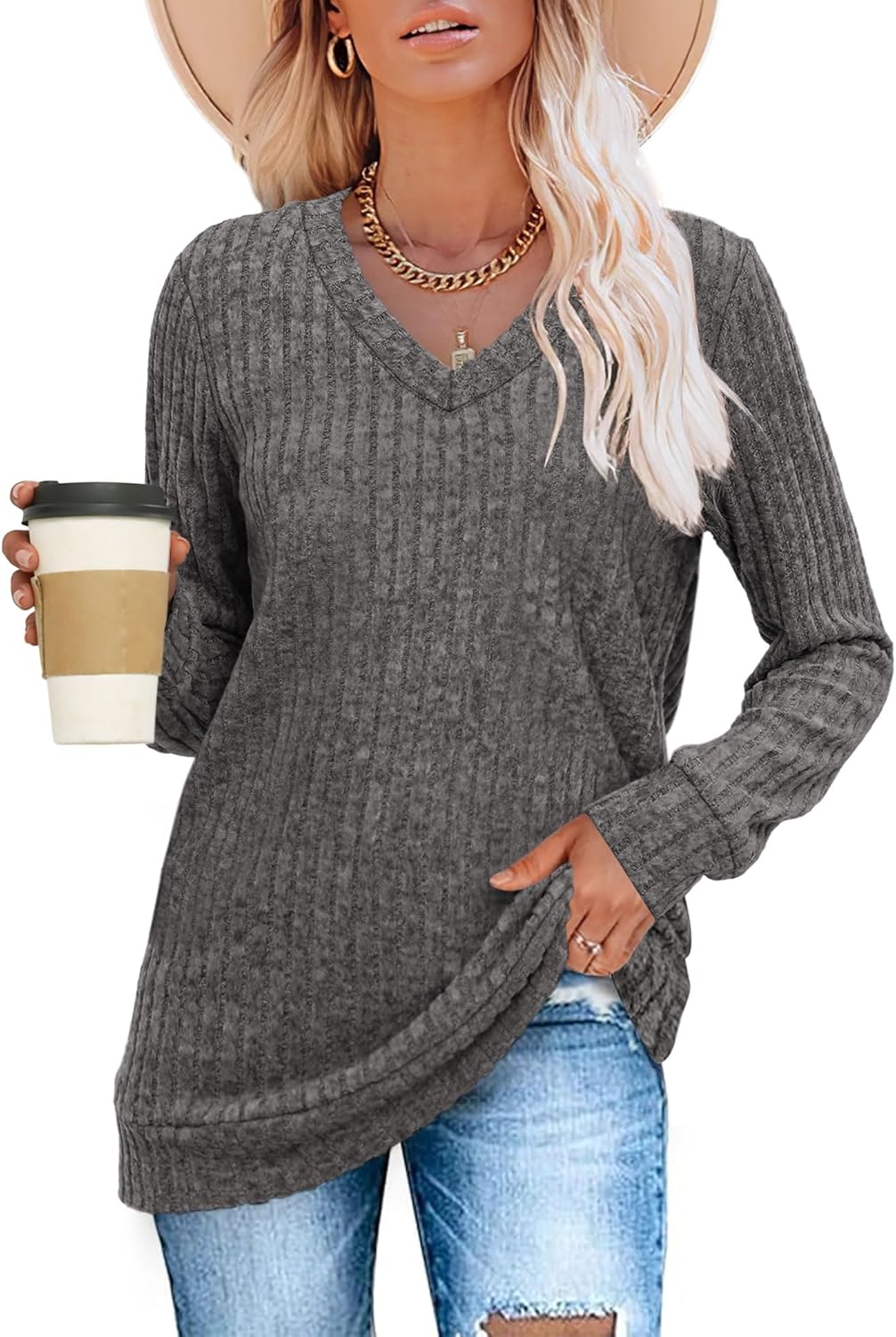 Pull Col V Côtelé Femme | COSYKNIT™