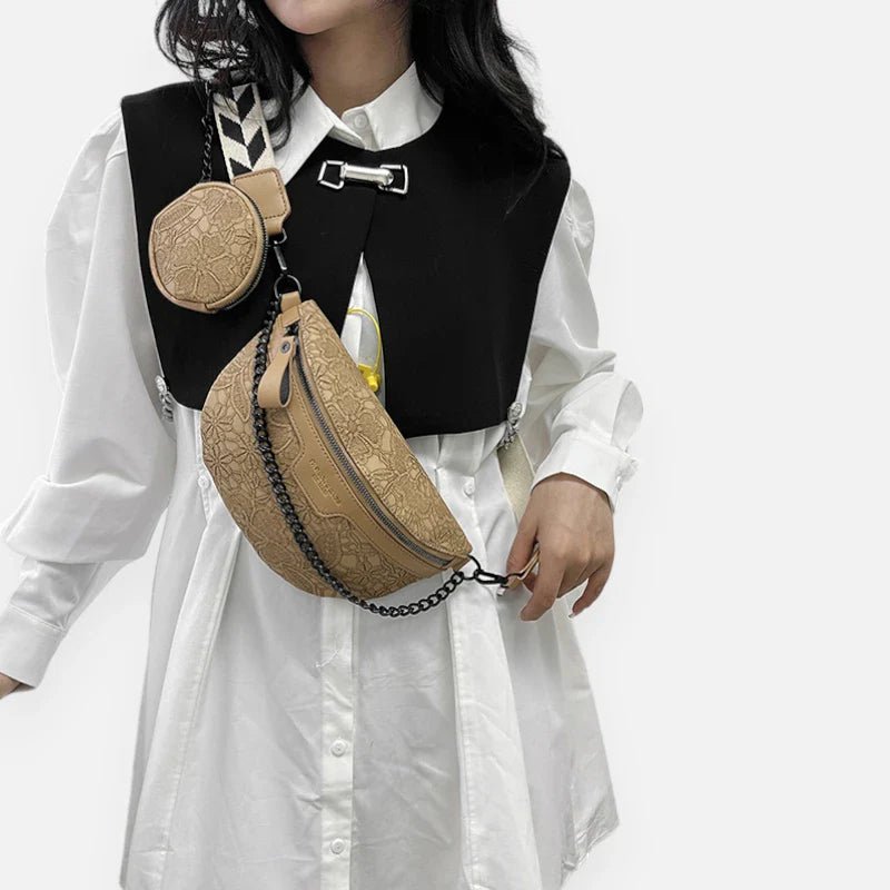Sac Banane en Cuir Motif Floral avec Bandoulière et Porte-Monnaie | LUCY